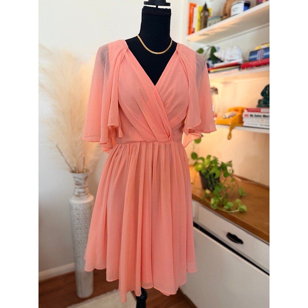 Mustard Seed - Pink Coral Back Dipped Cape sleeve mini dress, prom wedding - S